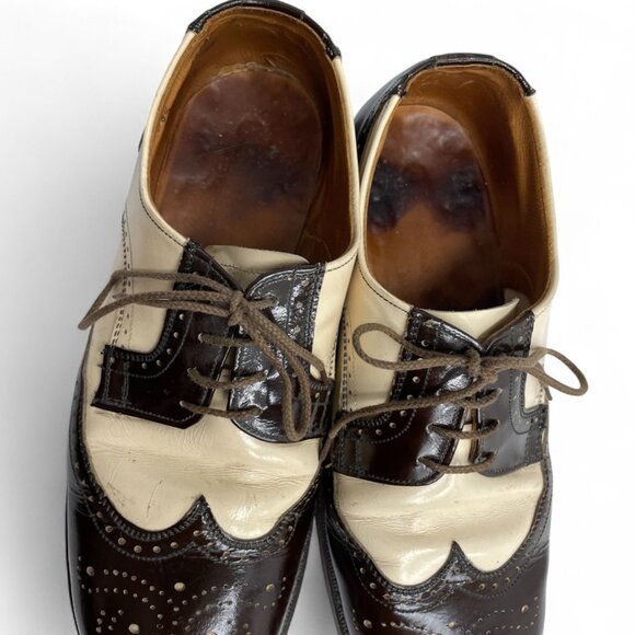 Vintage Brown Ivory Wingtip Leather Shoes Men's 8.5 Lace Up Oxfords Goodyear - Picture 4 of 14